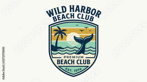 A vintage logo of a beach club featuring a palm tree and whale on a sunny coastal scene