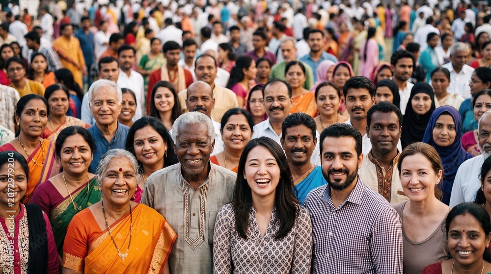 Obraz premium Diverse group of people standing together in a large crowd. Happy man, woman and elder smiling at the camera. Global world population demographic concept for World Population Day.