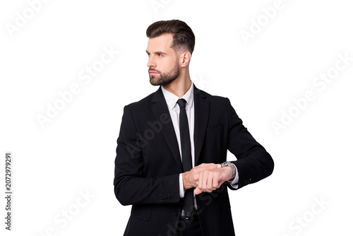 Obraz na plátně Profile side photo of stylish cool executive worker man appoint meeting with par