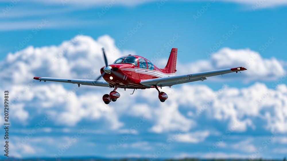 Small red airplane flying in clear blue sky with fluffy white clouds, recreational aviation concept, light aircraft photography, defocused blue sky background, with copy space