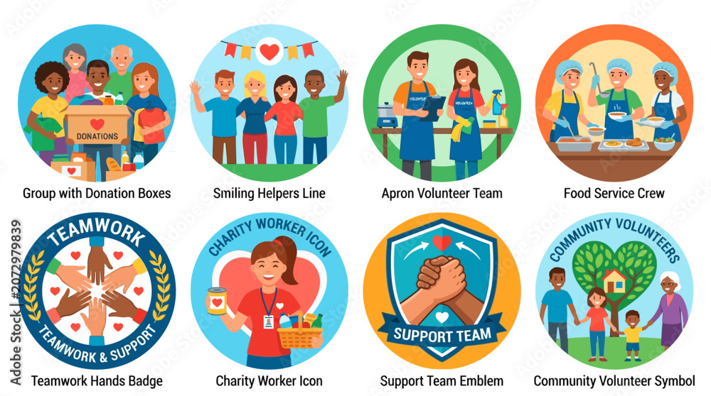 Fototapeta premium Vector Set of Diverse Community Volunteers Engaged in Various Charity and Teamwork Activities Indoors and Outdoors
