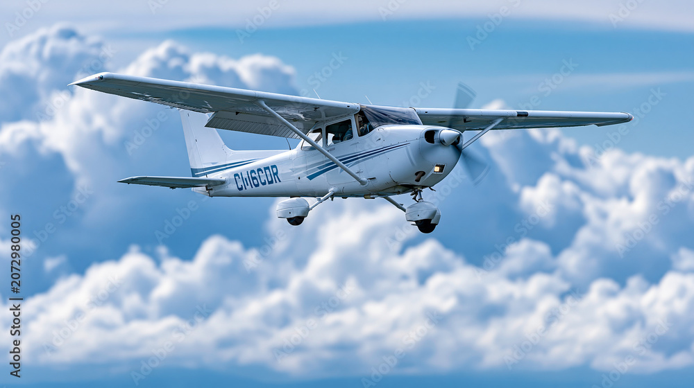 Fototapeta premium Private small engine airplane flying among dramatic clouds with visible cockpit and blue sky, commuter aviation concept, general aviation photography, defocused cloud background,