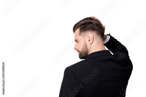 Canvastavla Back rear profile side photo of handsome entrepreneur ready partnership meeting