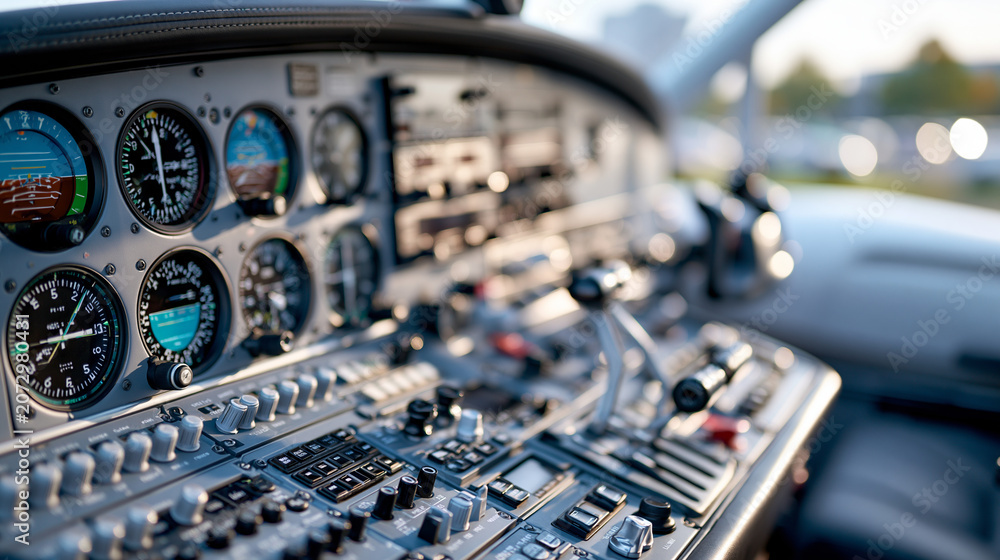 Obraz premium Small aircraft cockpit interior detail with instrument panel and controls visible, aviation technology concept, cockpit photography, defocused instrument background, with copy