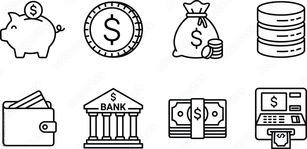 Naklejka premium Set of eight financial icons representing money, savings, and banking services