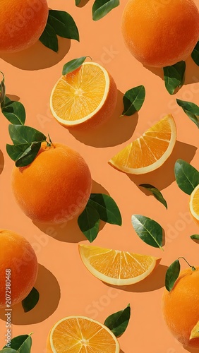 Minimalist Flat Lay Pattern of Fresh Whole and Sliced Oranges on Orange Background