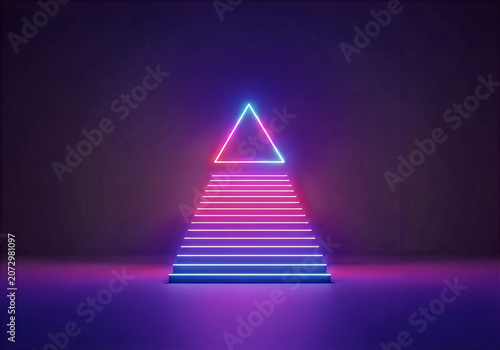 Glowing neon stairs leading to a bright triangle light in a dark purple digital space