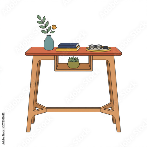 Modern wooden work desk illustration featuring books, potted succulent plant, eyewear on tray, and floral vase on a white background