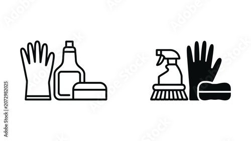 Photos Professional cleaning service icon set with rubber gloves, spray bottle and scrubbing brush for housekeeping and sanitation vector illustration