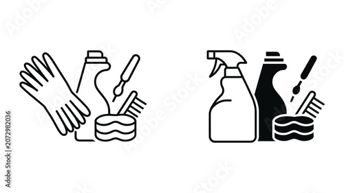 Konstfotografi Professional cleaning service icon set with rubber gloves, spray bottle and scrubbing brush for housekeeping and sanitation vector illustration