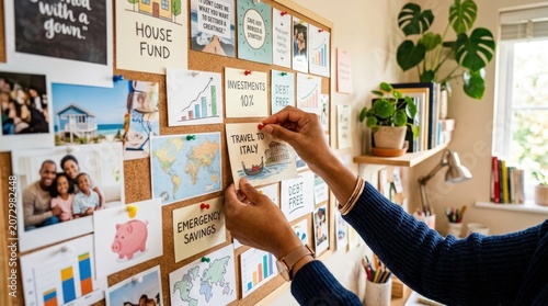 Person Pinning Notes and Photos on Wall Bulletin Board.