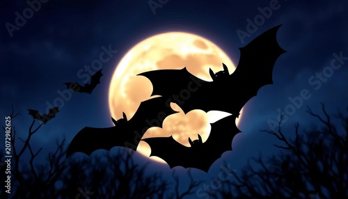 Spooky Halloween bat silhouettes against a moonlit night sky, shadow, gothic