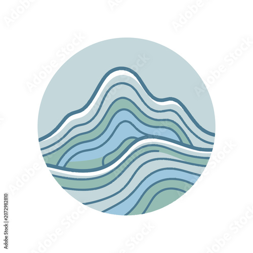 Abstract Mountain Landscape Circular Icon with Blue and Green Waves