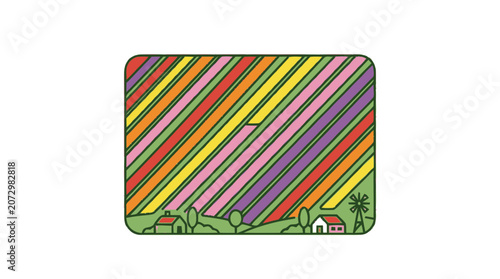 Vibrant Tulip Field Landscape with Houses and Windmill Illustration