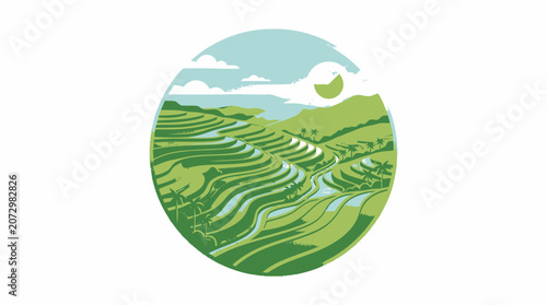 Lush green rice terraces with water irrigation in a circle, sunny sky and clouds.