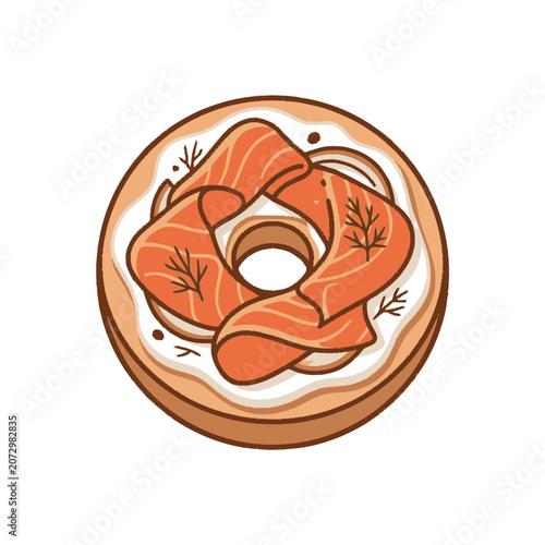 Delicious Salmon Cream Cheese Bagel with Dill Sprigs - Top View Illustration
