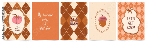 Tableau sur toile Autumn vintage poster set with hand drawn pink textured pumpkin, acorn, decorative frames, lettering, and argyle diamond plaid pattern background
