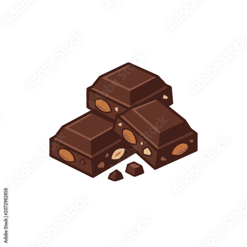 Dark Chocolate Bar Pieces with Almonds, Sweet Dessert Food Illustration