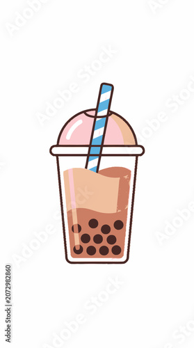 Cute Boba Tea Drink with Tapioca Pearls and Straw, Kawaii Cartoon Style
