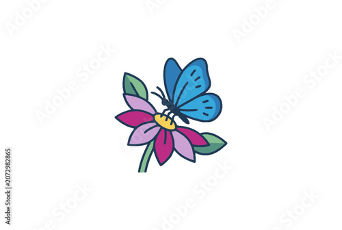 Cute Blue Butterfly on Pink and Purple Flower, Vector Illustration