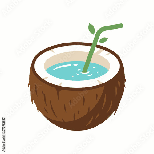 Refreshing Coconut Drink with Straw and Leaves