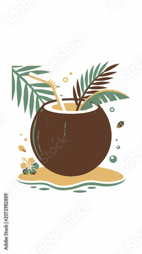 Tropical Coconut Drink with Palm Leaves and Hibiscus Flower