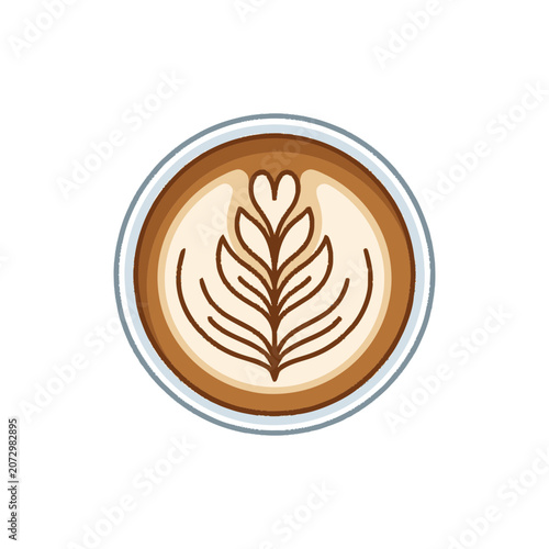 Latte Art Coffee Cup Top View - Heart and Leaf Pattern