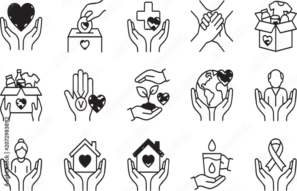 Obraz premium Set of black and white charity and donation icons illustrated as a vector on transparent background