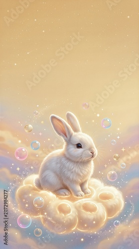 Fluffy Rabbit Sitting on Glowing Paw Print Cloud in Warm Golden Sky with Pastel Bubbles