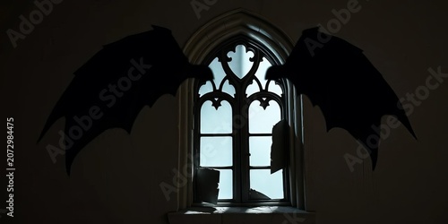 Shadowy bat wings engulfing a crumbling gothic window,  fear,  silhouette