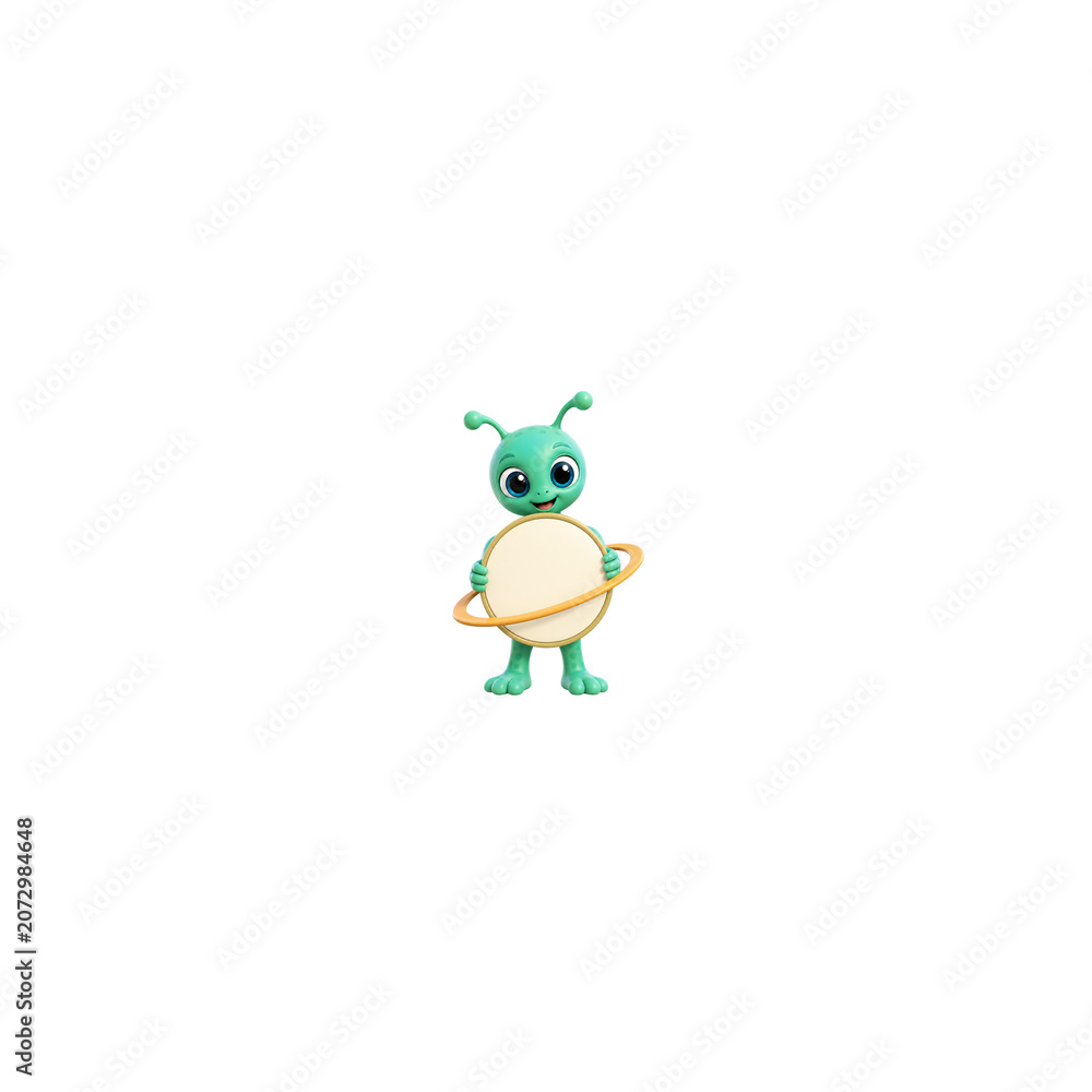 Obraz premium Cute cartoon alien character holding a blank circular sign with planet rings.