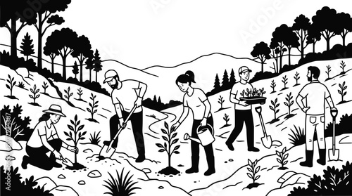Canvastavla Diverse team planting trees on a hillside, environmental conservation, reforesta
