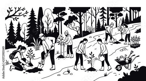 Fotografie Diverse group planting trees in forest, environmental conservation and reforesta