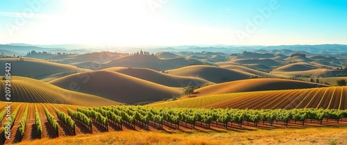 Rolling hills dotted with neat rows of grapevines under a sun-drenched sky,   sunlit vineyard, vineyard