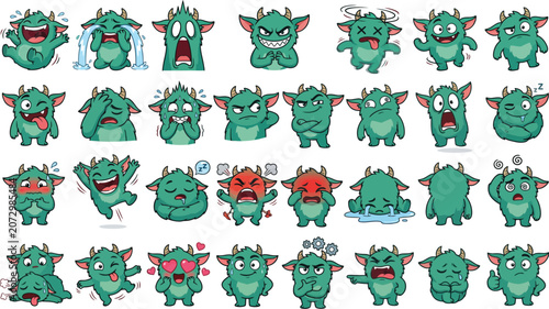 Cute Chibi Monster Mascot Sticker Pack with Funny Cartoon Emotions and Goofy Vector Expressions