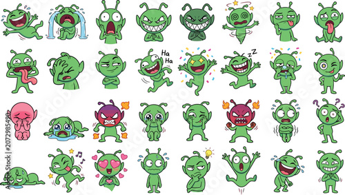 Cute Chibi Alien Mascot Sticker Pack with Funny Cartoon Emotions and Goofy Vector Expressions