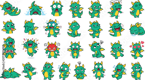 Cute Chibi Dragon Mascot Sticker Pack with Funny Cartoon Emotions and Goofy Vector Expressions