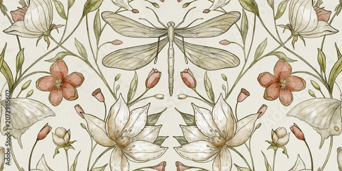 Dragonfly seamless pattern with magnolia flowers and botanical foliage on warm ivory background. Watercolor ornamental repeat for wallpaper, fabric and surface design in vintage style.