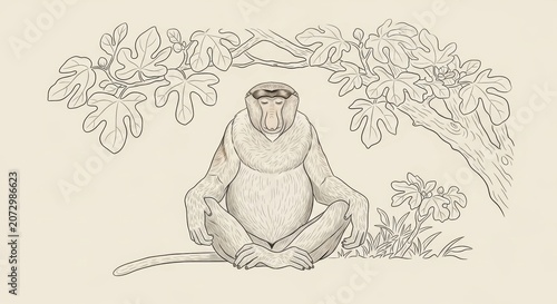 Baboon in calm natural scene with fig tree for coloring pages