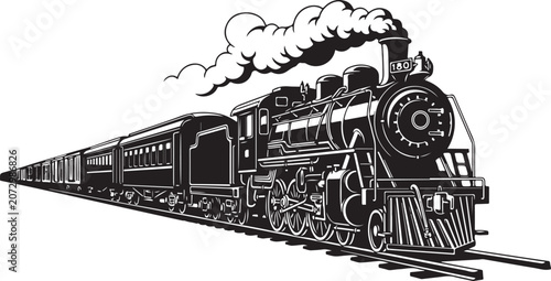 Quadro su tela Vintage steam train, locomotive illustration, black and white, vector graphics i