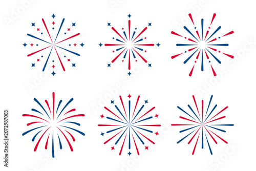 Patriotic fireworks in red and blue with stars. Fourth of July celebration symbol, Independence Day design