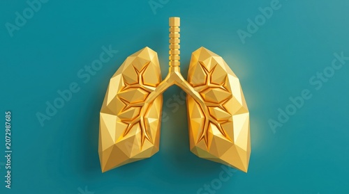 3d render of human lungs with a lowpoly geometric design in gold on a teal background