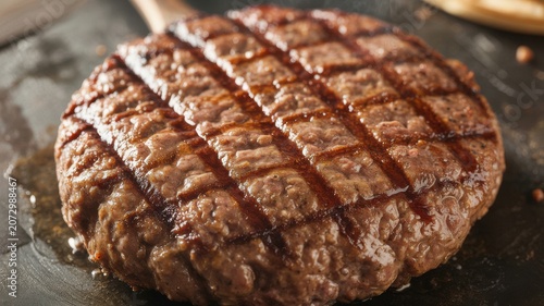 Juicy grilled steak with caramelized crust on wooden platter