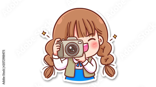 Konstfotografi Cute girl with pigtails holding camera, taking a photo, cartoon style, isolated