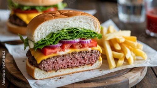 Juicy beef burger with fresh lettuce and tomato in a sesame bun