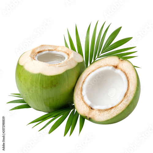 Fresh green coconut and half cut coconut with palm leaves