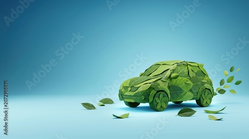 Ecofriendly car concept made of green leaves on a blue background, representing sustainable transportation and environmental conservation