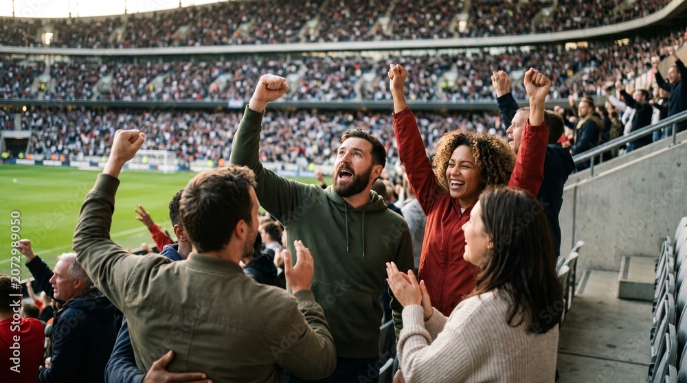 Fototapeta premium Excited spectators cheering at a crowded sports stadium event with raised fists
