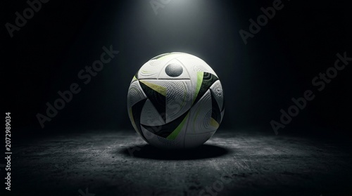 Professional soccer ball illuminated by a single spotlight, creating a dramatic and elite sports atmosphere.
