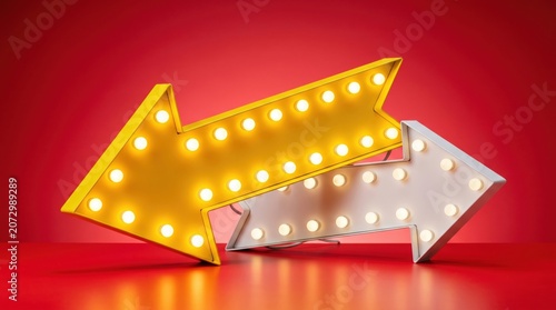 Two illuminated marquee arrows pointing in opposite directions on a red background